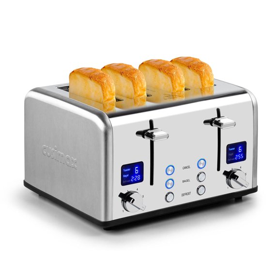 Stainless Steel CUSIMAX 4-Slice Toaster: Extra-Wide Slots, Ultra-Clear LED Display & 6 Shade Settings (Dual Control Panels + Cancel/Bagel/Defrost + Removable Trays)