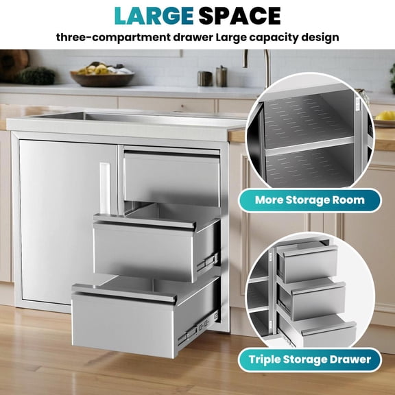 Stainless Steel Cabinet – 304 Food-Grade Outdoor Kitchen Drawer Combo, 28" Large Capacity Storage Unit with Smooth Sliding Rails, Magnetic Snap Fastener & Hidden Handles, Rust-Resistant BBQ Island Dr