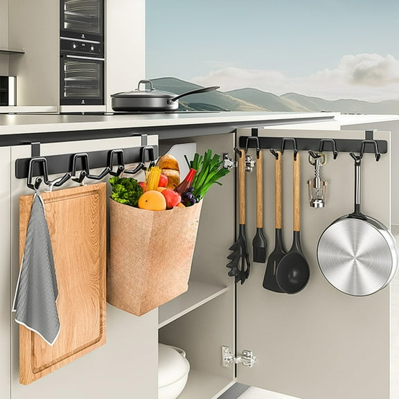 Stainless Steel Cabinet Door Hooks | 8-Hook Over the Door Organizer | No Drill Punch Free Installation | Kitchenware Storage Rack for Spoons & Utensils