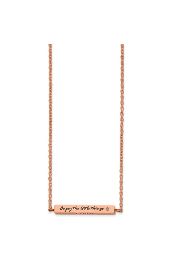 Stainless Steel Cable Fancy Necklace Chain Chisel Polished Rose IP-plated Enameled CZ ENJOY THE LITTLE THINGS Bar on a 16 inch with 2 Extension 18 mm