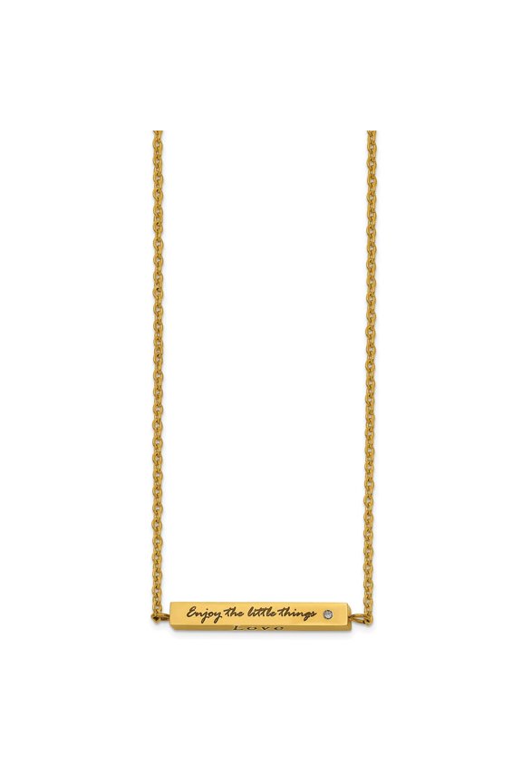 Stainless Steel Cable Fancy Necklace Chain Chisel Polished Yellow IP-plated Enameled with CZ ENJOY THE LITTLE THINGS Bar on a 16 inch 2 Extension 18 mm