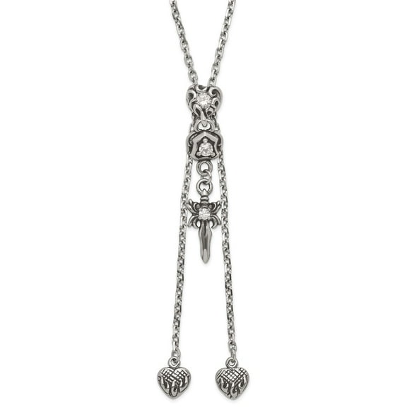 Stainless Steel Cable Fancy Necklace Chain Polished & Antiqued CZ Gothic Hearts Sword Adjustable 28 inch