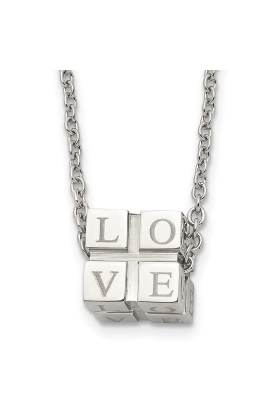 Stainless Steel Cable Necklace with Pendants Chain Chisel Polished LOVE Blocks on a 18.5 inch 11.5 mm