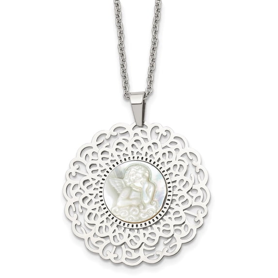 Stainless Steel Cable Necklace with Pendants Chain Chisel Polished Mother of Pearl Angel Pendant on a 22 inch 35.82 mm