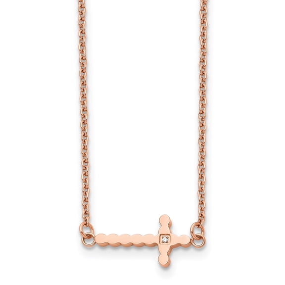 Stainless Steel Cable Necklace with Pendants Chain Chisel Polished Rose IP-plated CZ Sideways Cross on a 21.25 inch 4.25in extension 20 mm