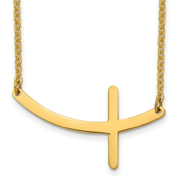 Stainless Steel Cable Necklace with Pendants Chain Chisel Polished Yellow IP-plated Curved Sideways Cross on a 18 inch 38 mm