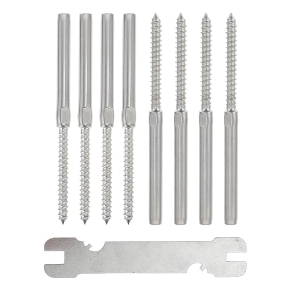 Stainless Steel Cable Railing Kit with 3/16" Left Right Handed Threaded Lag Screws, Wood Post Deck Railing Hardware Set Including Wrench, 9pcs Outdoor Cable Deck Fasteners