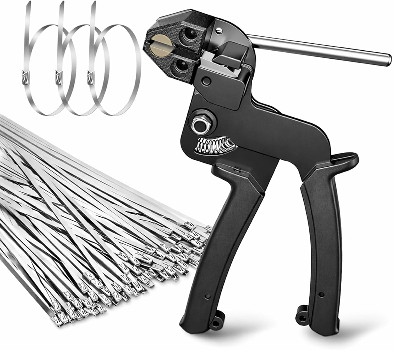 Stainless Steel Cable Tie Gun, comes with 100 pieces 11.8-inch metal ties tool, for quick fastening and cutting stainless steel ties special tool, UV resistant chain link fence parts for fences exhau