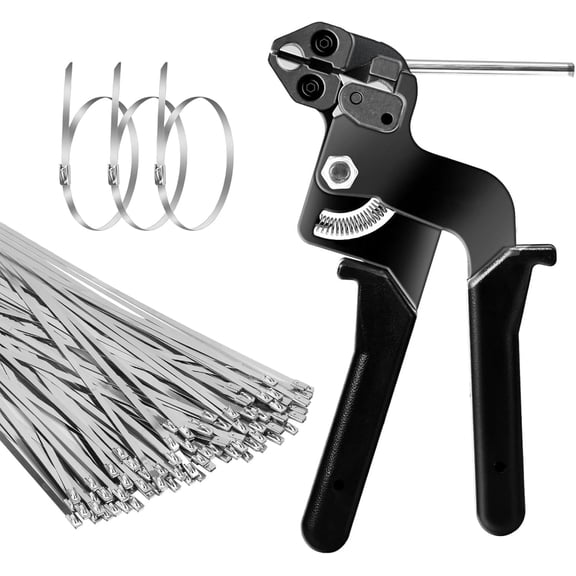 Stainless Steel Cable Tie Gun Kit with 100Pcs Metal Zip Ties, Heavy Duty Metal Zip Ties Tool, UV Resistant for Fence, Exhaust Pipe, Chicken Coop, Cable Bundling