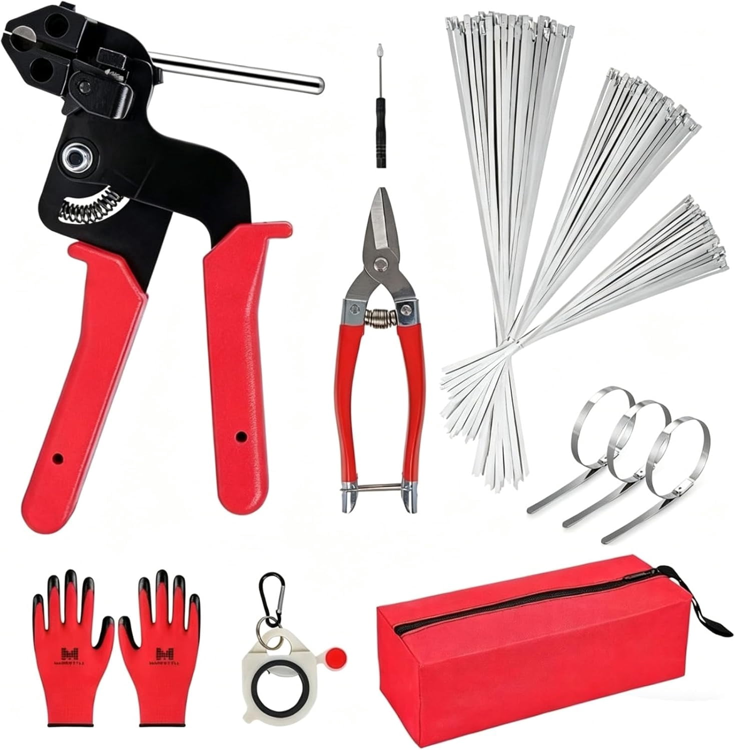 Stainless Steel Cable Tie Gun Kit, 2026 Upgrade Stainless Steel Cable Tie Gun with Metal Zip Ties, Heavy Duty 304 Metal Zip Ties Complete Tool Set, with Self-Locking (Red 157sets)