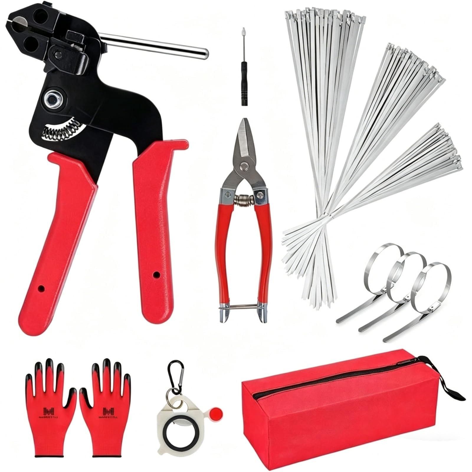 Stainless Steel Cable Tie Gun Kit, Heavy Duty 304 Metal Zip Ties with Self-Locking, Tension Tool for Fencing, Auto, Garden, Outdoor Use