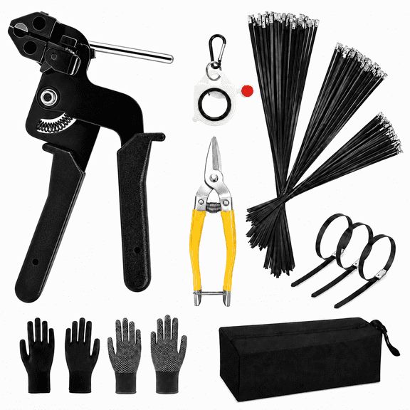 Cable Tie Gun Kit with 300pcs Stainless Steel Zip Ties, 3 Sizes (8", 12", 16"), Heavy-Duty Tensioning & Cutting Tool for Chain Link Fence, Exhaust Wrap