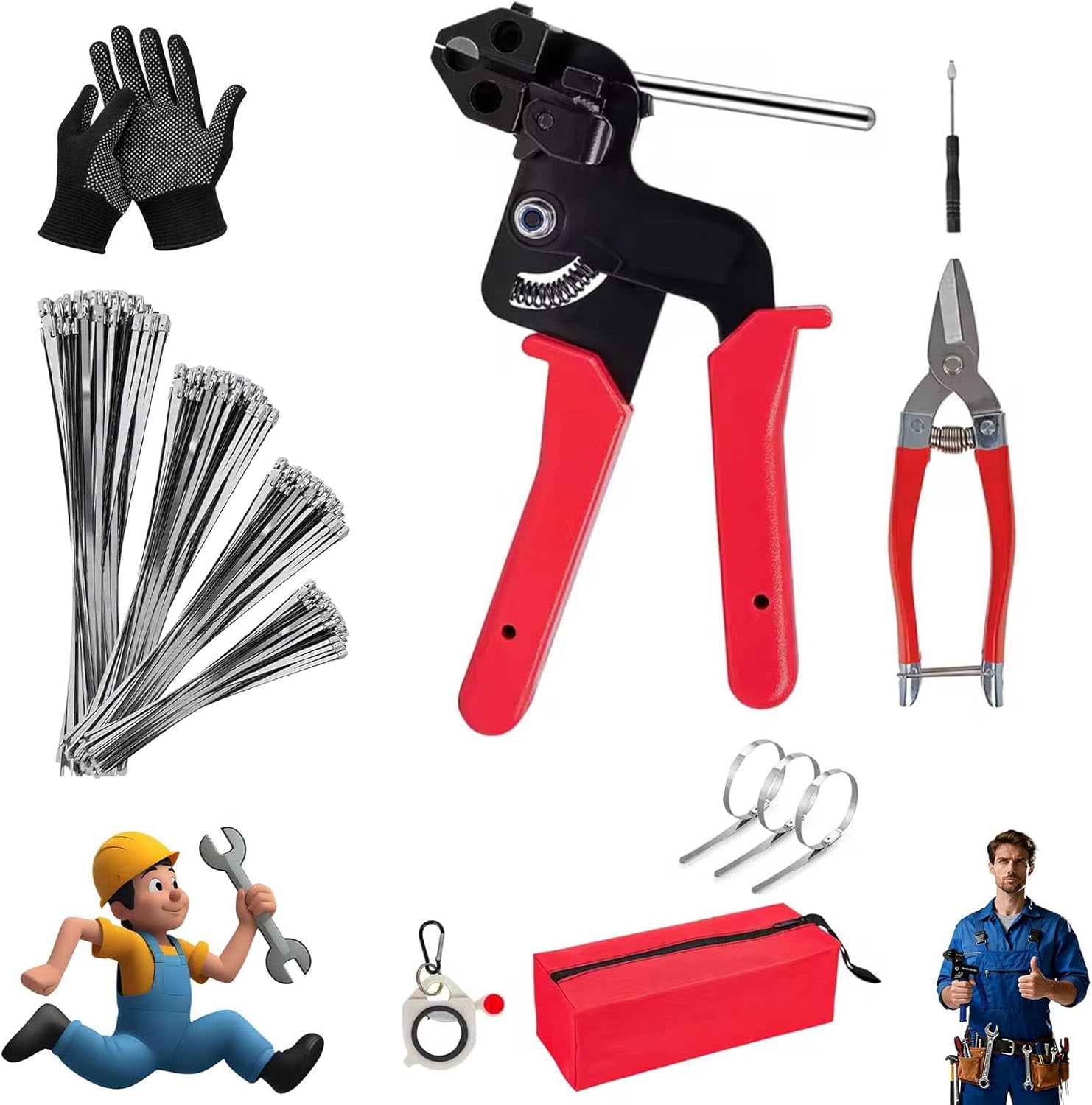Stainless Steel Cable Tie Gun with Metal Zip Ties, with 150 Cable Ties, Professional Heavy Duty Tensioning & Cutting Tool, Adjustable Fastening Cutting Set, for Wire Fencing, Fence, Exhaust Pipe (E)