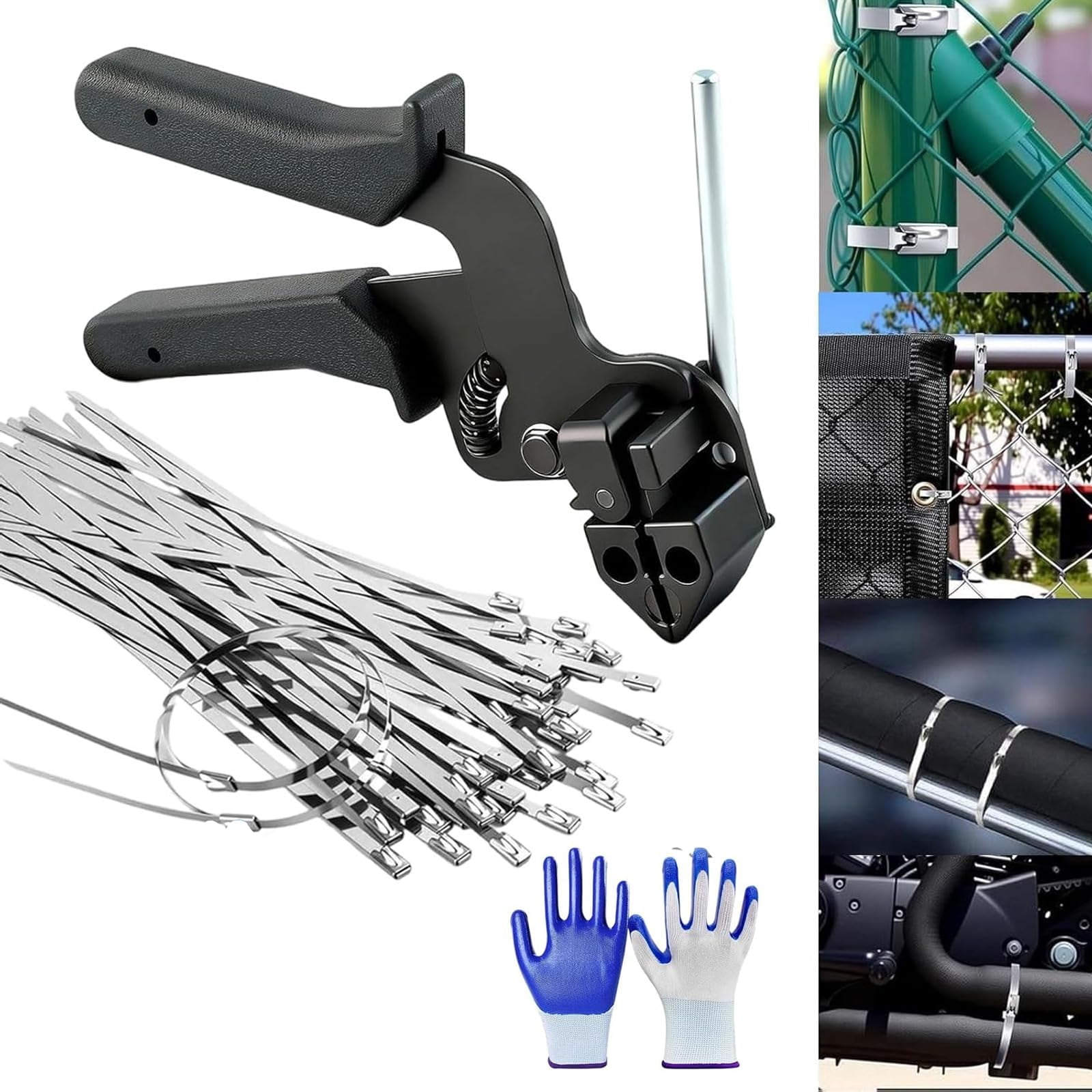 Stainless Steel Cable Tie Gun with Metal Zip Ties - Stainless Steel Zip Ties Gun Kit, Heavy Duty Tensioning and Cutting Tool with Self Locking Metal Ties for Fence, Exhaust and Farm