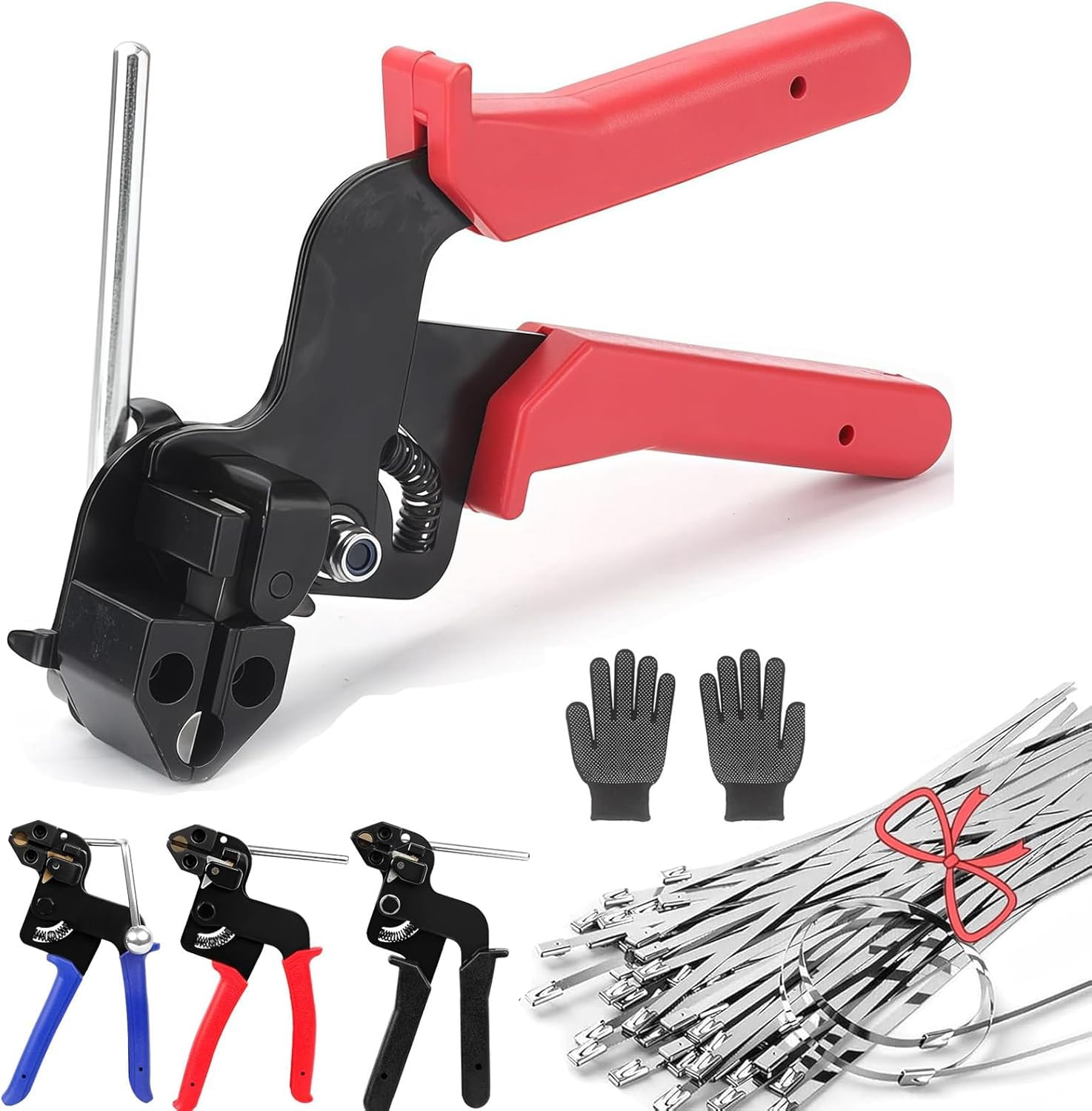 Stainless Steel Cable Tie Gun, Self Tensioning and Cutting Metal Zip Tie Tool for Chain/Link/Fence (Red)