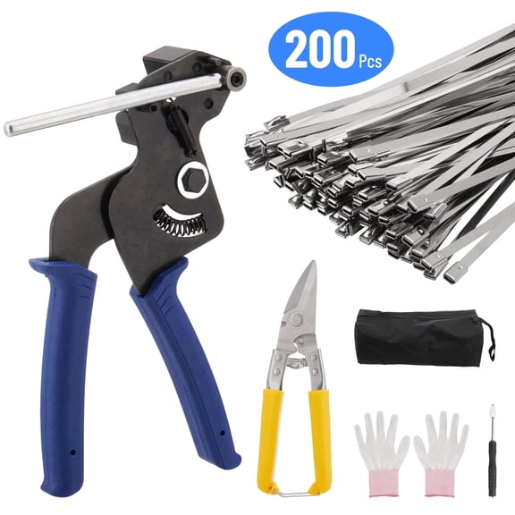 Stainless Steel Cable Tie Gun Set, 200Pcs Silver Metal Zip Ties 11.8 inch, Adjustable Fastening Cutting Tie Tool Sets for Fencing, Exhaust Pipes, Automotive