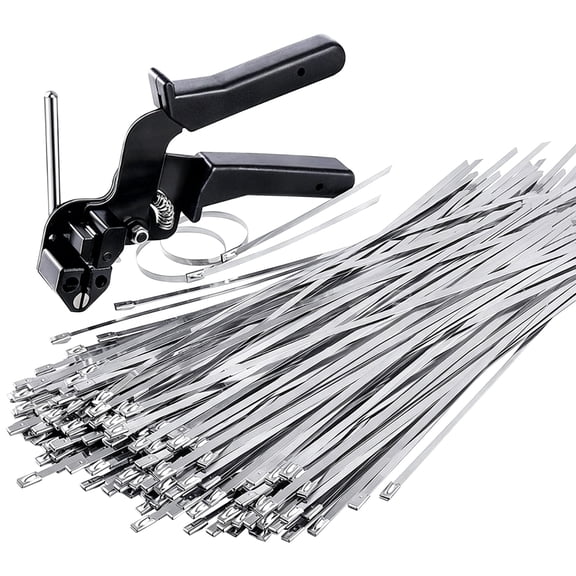Stainless Steel Cable Ties with Zip Tie Tool Kit, 100pcs 11.8 Inch Heavy Duty Metal Zip Ties for Outdoor Fence, Exhaust Pipe, Wiring, HVAC, 4.6mm x 300mm UV Resistant