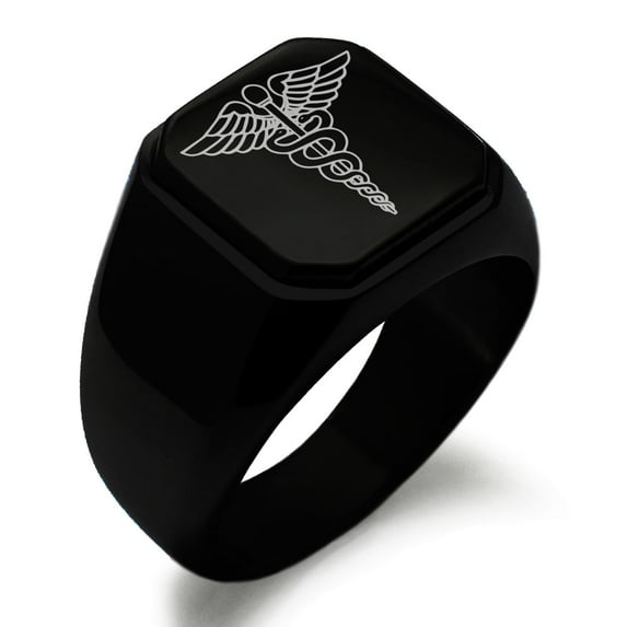 Tioneer Stainless Steel Engraved Square Flat Top Biker Style Polished Signet Ring