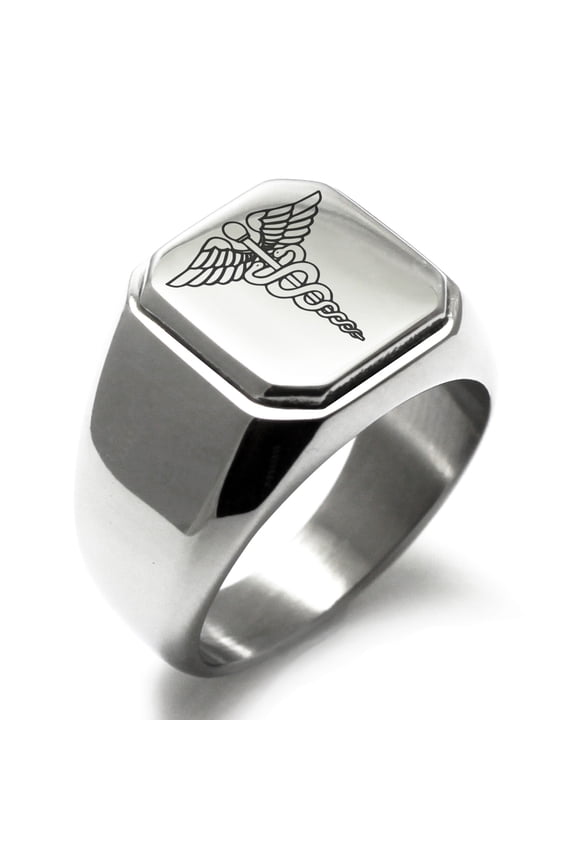 Stainless Steel Engraved Square Flat Top Biker Style Polished Signet Ring