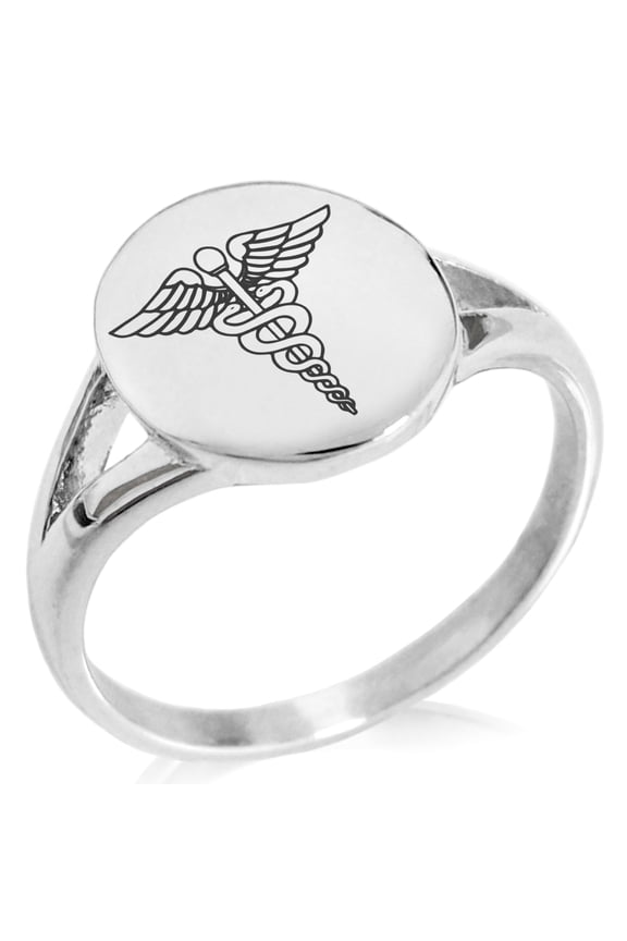 Stainless Steel Caduceus Staff Oval Top Polished Statement Signet Ring