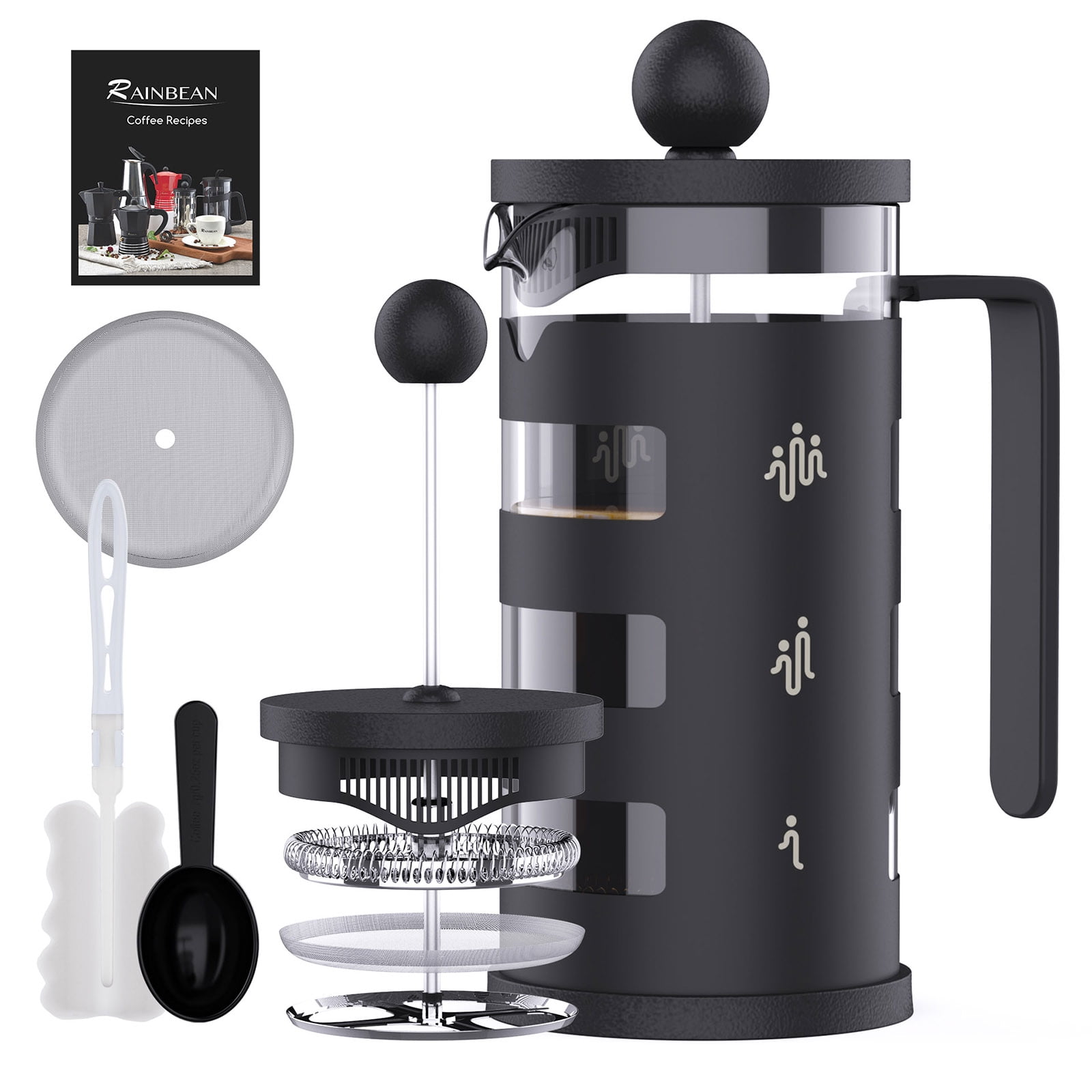 Stainless Steel Cafetiere 8 Cup, French Press Coffee Maker Easy Cleaning Cafeteria, Double Walled Heat Resistant Borosilicate Glass Coffee Caffettiera