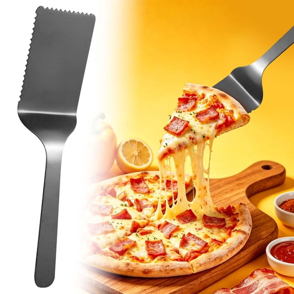 Stainless Steel Cake Server with Serrated Edge, Baking Tool for Bread, Pizza, and Dessert, Household Cake Slicer and Server, Black Kitchen Utensil