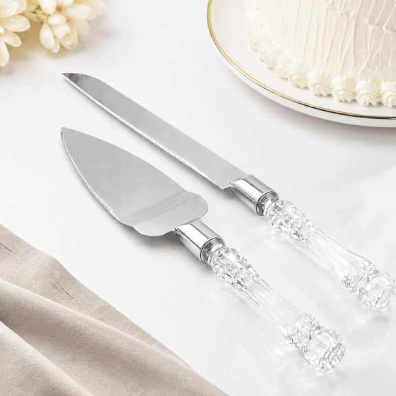 Stainless Steel Cake and Server Set with Faux Crystal Handles for Special Celebrations