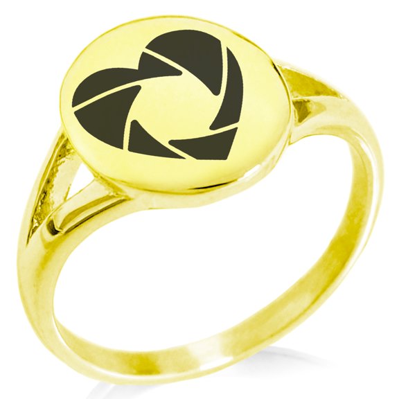 Stainless Steel Camera Shutter Heart Minimalist Oval Top Polished Statement Ring
