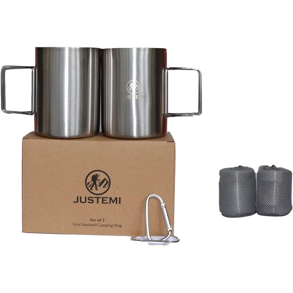 Stainless Steel Camping Coffee Mugs Set of 2,Insulated Camping Cup with Foldable Handle & Mesh Bag,Double Walled Metal Backpacking Cup for Outdoor Hiking14oz