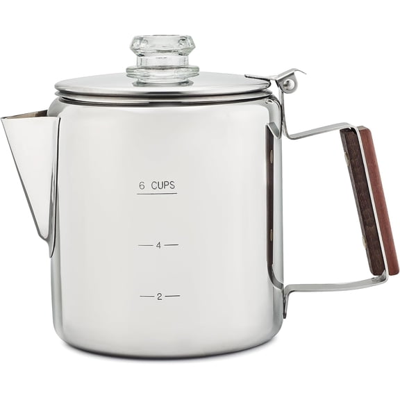 Stainless Steel Camping Coffee Percolator with Treated Wood Handle & Clear Glass Lid, Stovetop Safe Outdoor Coffee Pot Without for Backpacking, RV, Hunting and Picnic Trips