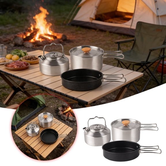 Stainless Steel Camping Cookware Set, Includes Frying Pan And Water Bottle, Portable And Stackable, Silver