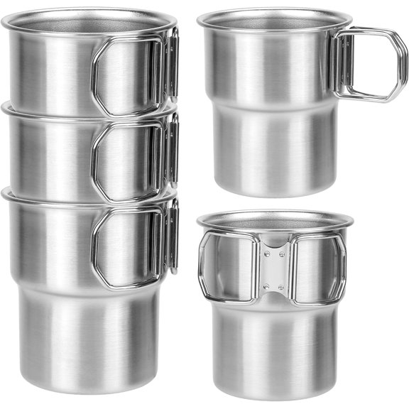 Stainless Steel Camping Cups with Foldable Handles, 5 Pack 10 oz Stackable 304 Camp Mugs, BPA-Free Metal Drinking Cups for Camping, Hiking, Backpacking, Fishing and Travel