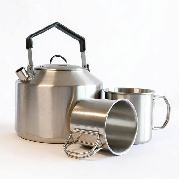 Stainless Steel Camping Kettle for Open Fire - Portable and Durable Campfire Kettle with Heat-resistant handle, Includes 2 Stackable Cups (1.6Qt / 1.5L)
