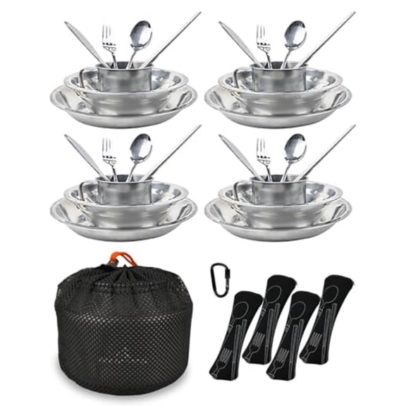 Stainless Steel Camping Mess Kit - Person's Complete Picnic Camp Dish Set Includes Plate Bowl Cup Utensils