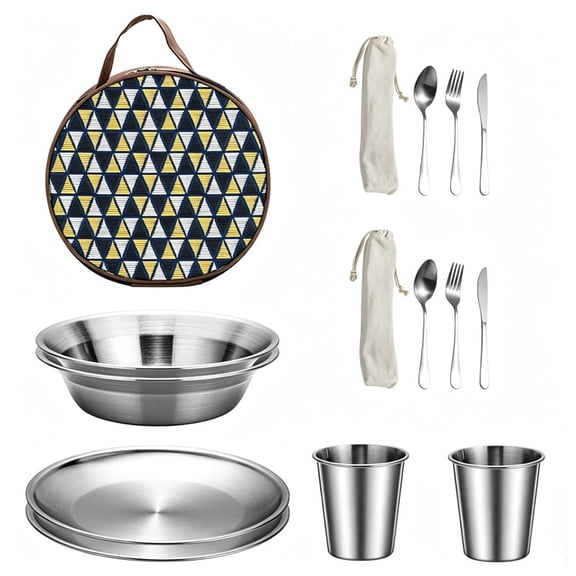 Stainless Steel Camping Mess Kit with Plate Bowl Cup Knife Fork Spoon & Storage Bag, Portable Outdoor Tableware Set for Backpacking Hiking Picnic