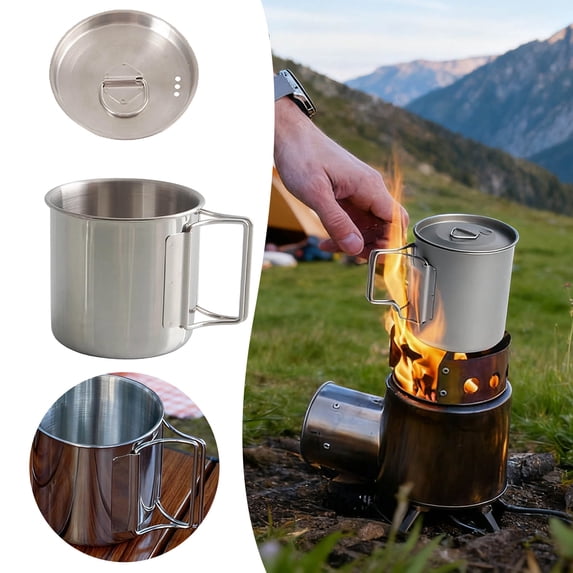 Stainless Steel Camping Mug for Outdoor Use with Lid and Foldable Handle – Food Grade 304 Cup for Hiking Picnics and Heating in a Compact Lightweight Design