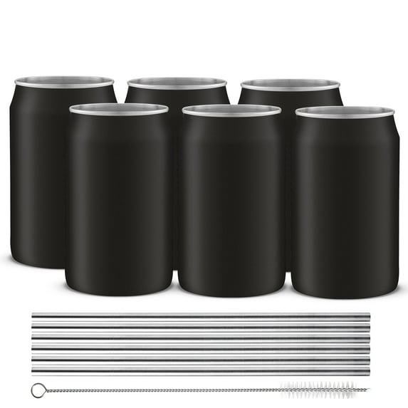 Stainless Steel Can Drinking Tumblers with 6 Straws & Brush- 16 oz - Black