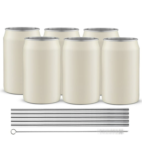 Stainless Steel Can Drinking Tumblers with 6 Straws & Brush- 16 oz - White
