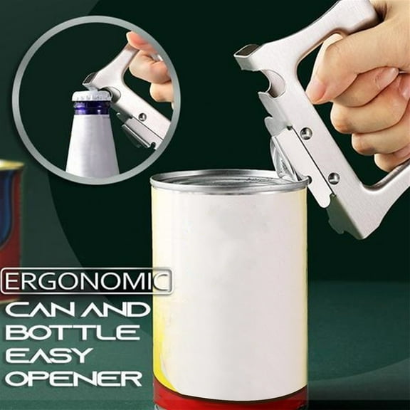 Stainless Steel Can Opener with Bottle Opener and Corkscrew, Multifunctional Kitchen Tool for Cans, Bottles, and Beer, Ergonomic Hand Grip for Camping and Travel