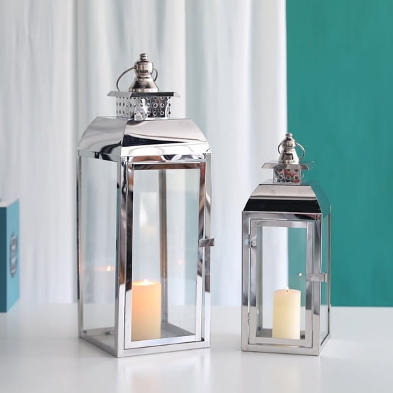 JHY DESIGN Silver Stainless Steel Candle Lantern with Tempered glass 20.5"&15" High Candle Lanterns for Indoor Outdoor