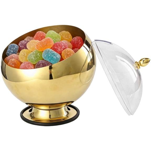 Stainless Steel Candy Bowl with Dustproof Lid – 6.9 in Slanted Sauce Bowl, Gold Spherical Condiment Container with Non-Slip Base, for Kitchen, Buffet & Restaurant