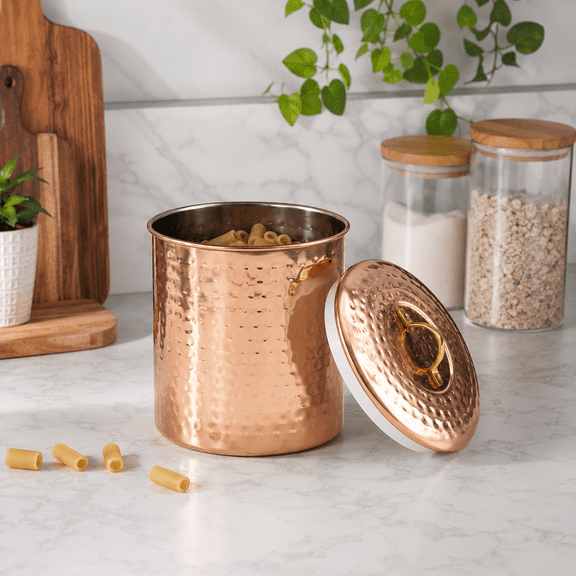 Stainless Steel Canister with Rubber Seal Lid | Hammered Copper Finish | Beautiful Food Storage Container for Kitchen Counter, Tea, Sugar, Coffee, Caddy, Flour Canister | 1 QT