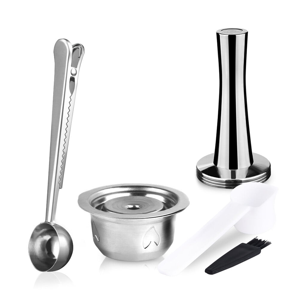 Stainless Steel Capsule Reusable Capsule Pods Set with Powder Tamper & 2 Spoons & Brush for NESPRESSO Vertuoline GCA1 Delonghi ENV135 ENV150 and VertuoPlus BNV450WHT1BUC1