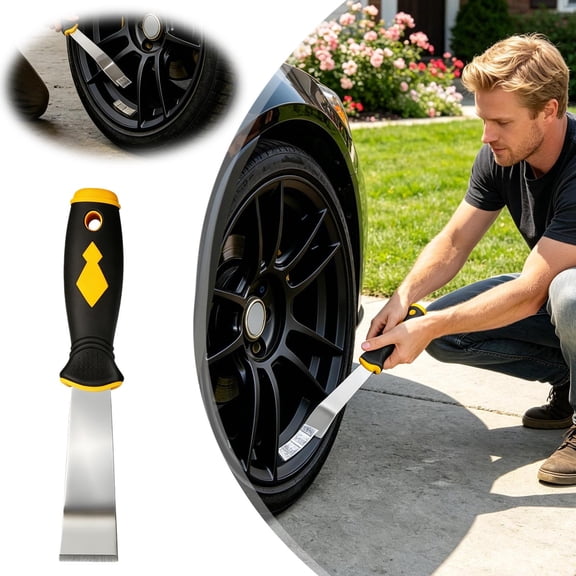 Stainless Steel Car Sticker Removal Scraper Non Slip Rubber Handle Wheel Decal Remover Tool For Auto Window Body Rim Label Cleaning Vehicle Maintenance Supply
