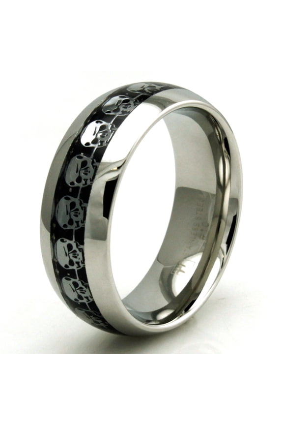 Stainless Steel Carbon Fiber Skull Inlay Wedding Band Ring
