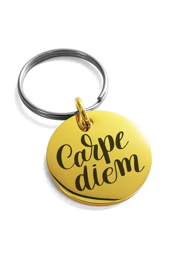 Stainless Steel Carpe Diem Calligraphy Engraved Small Medallion Circle Charm Keychain Keyring