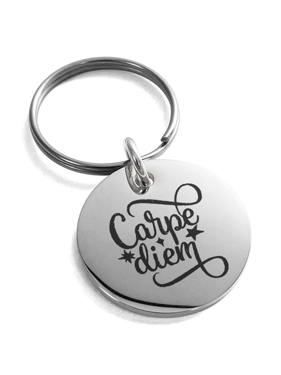 Stainless Steel Carpe Diem Engraved Small Medallion Circle Charm Keychain Keyring