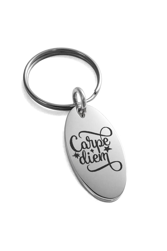 Stainless Steel Carpe Diem Engraved Small Oval Charm Keychain Keyring