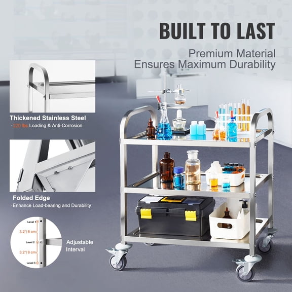 Stainless Steel Cart, 3 Layers Lab Utility Cart 400 lbs Weight Capacity, Medical Cart with Lockable Universal Wheels, for Lab, Clinic, Kitchen, Salon