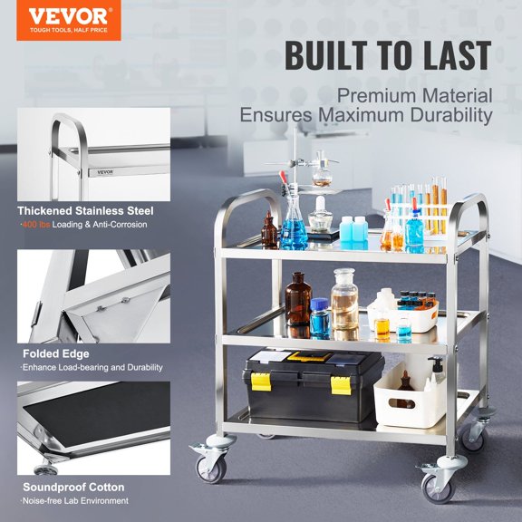 Stainless Steel Cart,3 Layers Lab Utility Cart 400 lbs Weight Capacity,Medical Cart with Lockable Universal Wheels,for Lab,Clinic,Kitchen,Salon